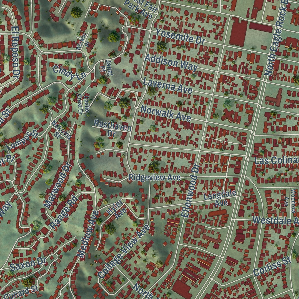 Second close-up of the map of Eagle Rock, California print showing more streets and buildings