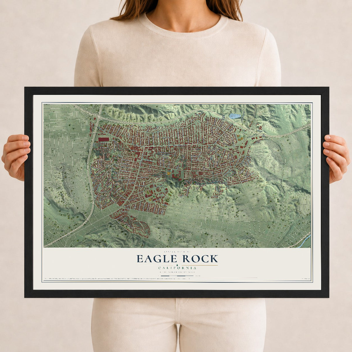 Map of Eagle Rock, California, 12 x 18 inch print in a black wood frame