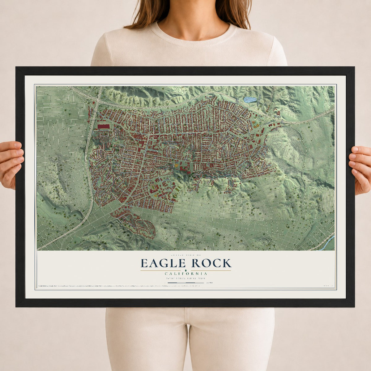 Map of Eagle Rock, California, 18 x 24 inch print in a black wood frame