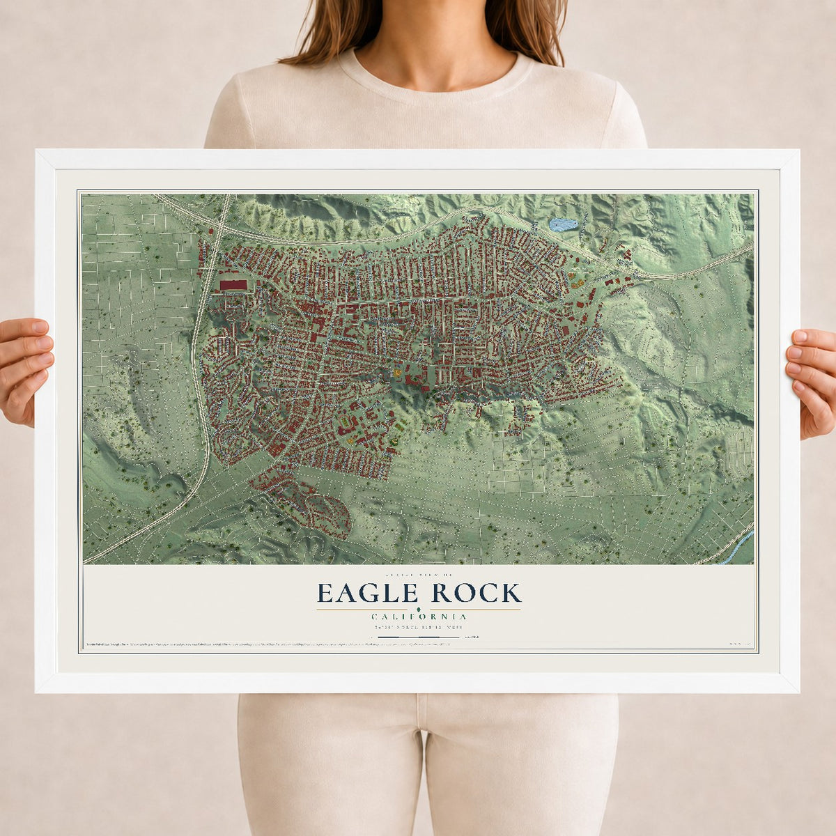 Map of Eagle Rock, California, 18 x 24 inch print in a white wood frame