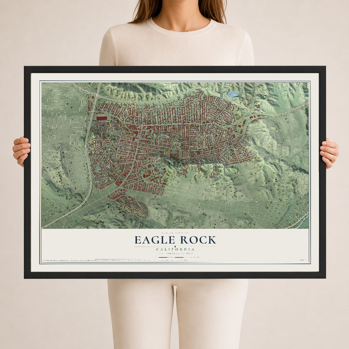 Map of Eagle Rock, California, 24 x 36 inch print in a black wood frame