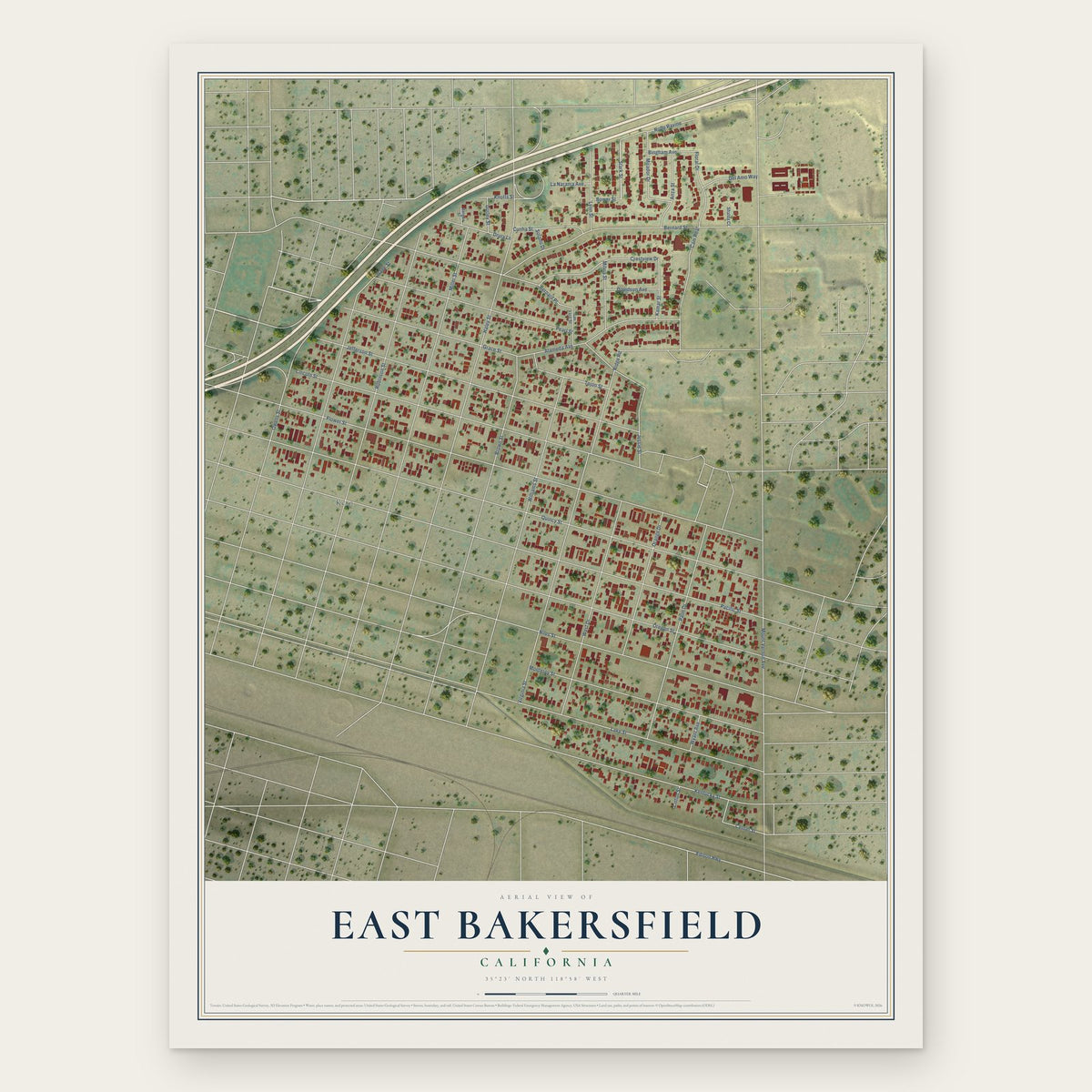 East Bakersfield, California map print, the full design