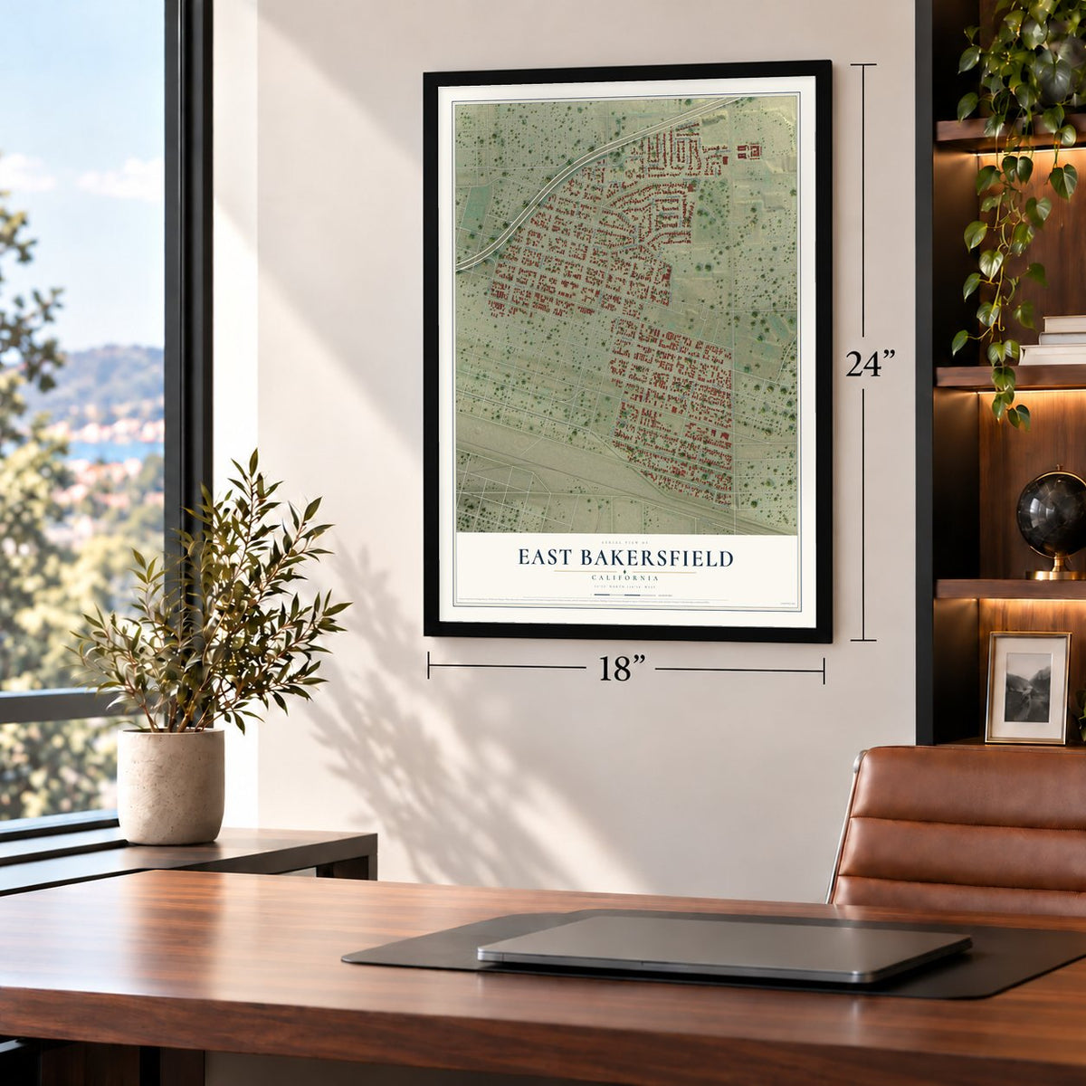 East Bakersfield, California map, 18 x 24 inch print in a black frame in a home office