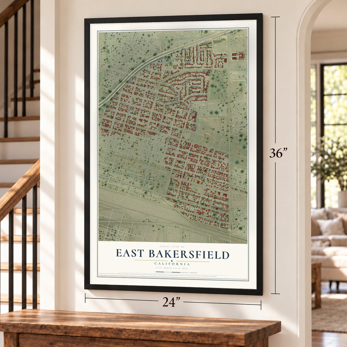 East Bakersfield, California map, 24 x 36 inch print in a black frame by a staircase