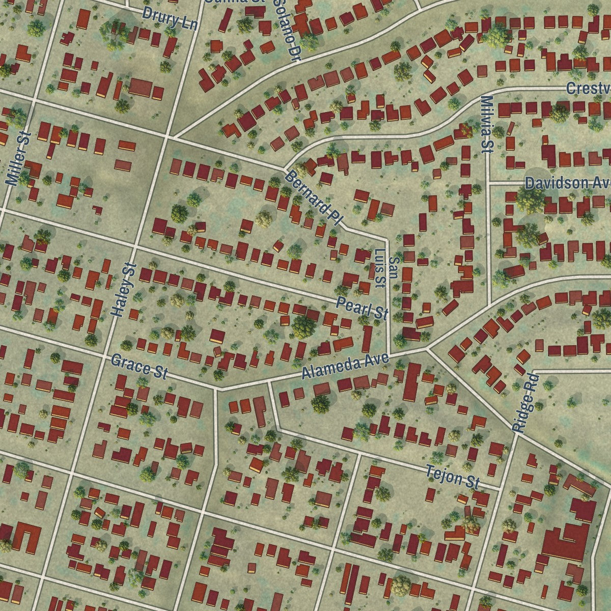 Close-up of the map of East Bakersfield, California print showing street and building detail