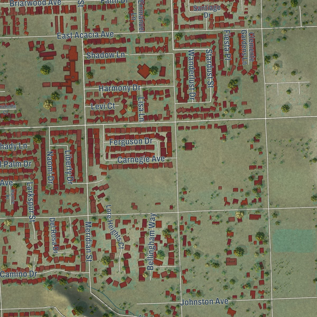 Second close-up of the map of East Hemet, California print showing more streets and buildings