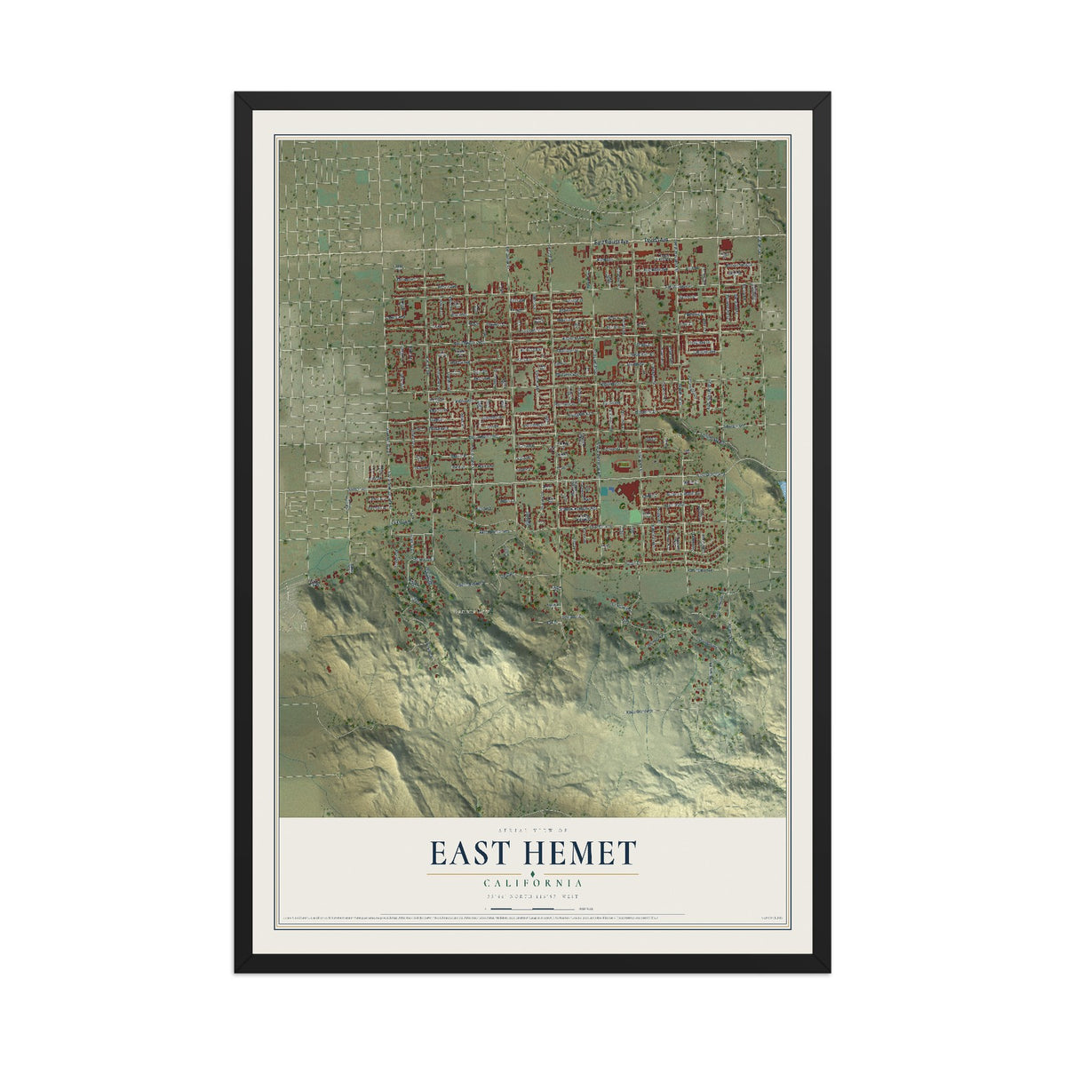 Map of East Hemet, California, 12 x 18 inch print in a black wood frame