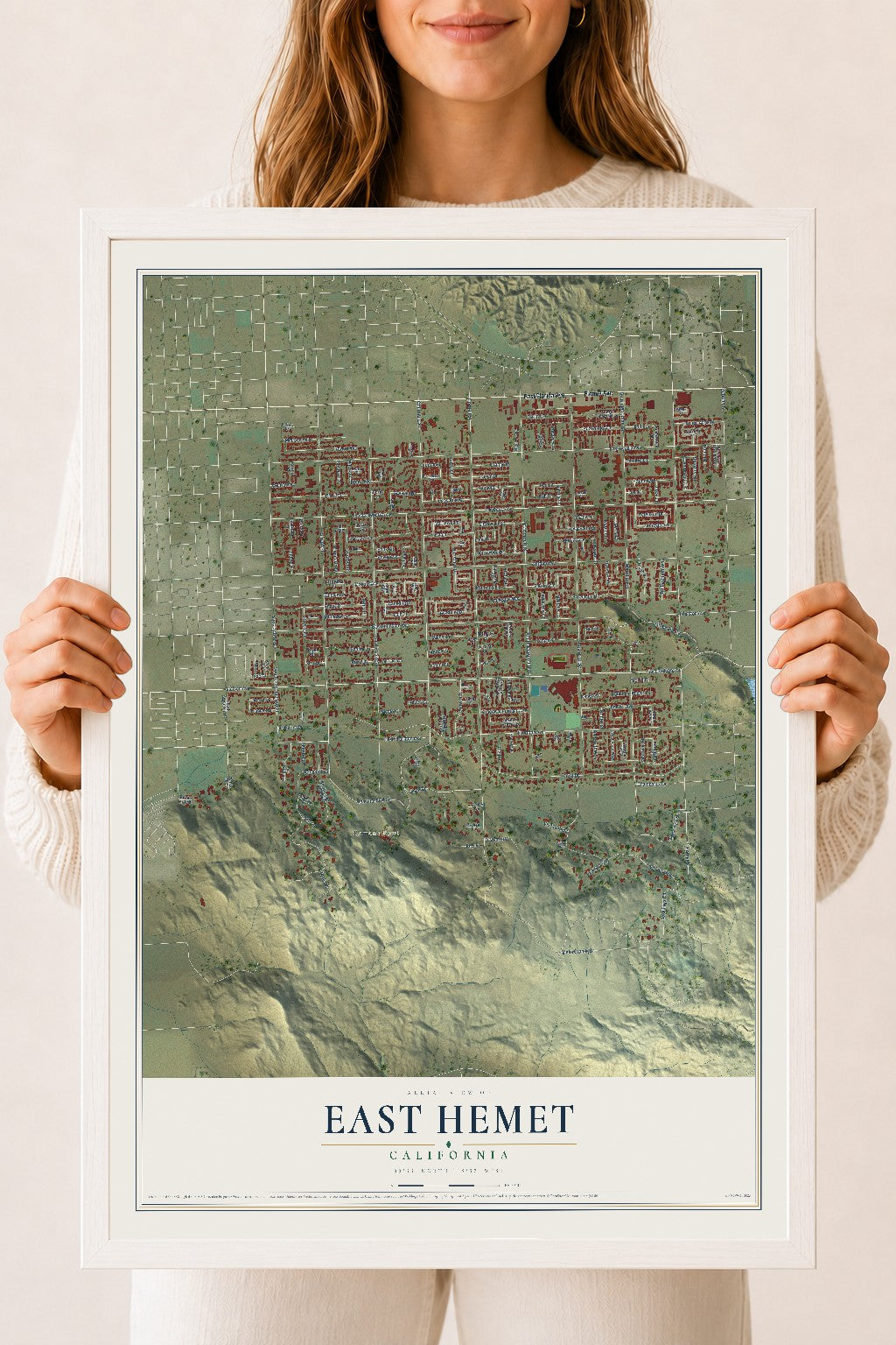 Map of East Hemet, California, 18 x 24 inch print in a white wood frame