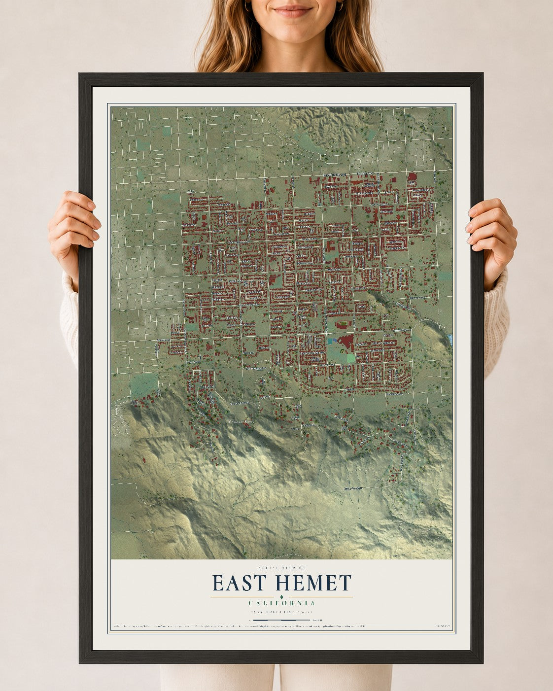 Map of East Hemet, California, 24 x 36 inch print in a black wood frame