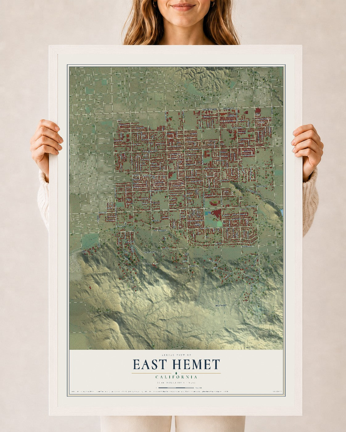 Map of East Hemet, California, 24 x 36 inch print in a white wood frame