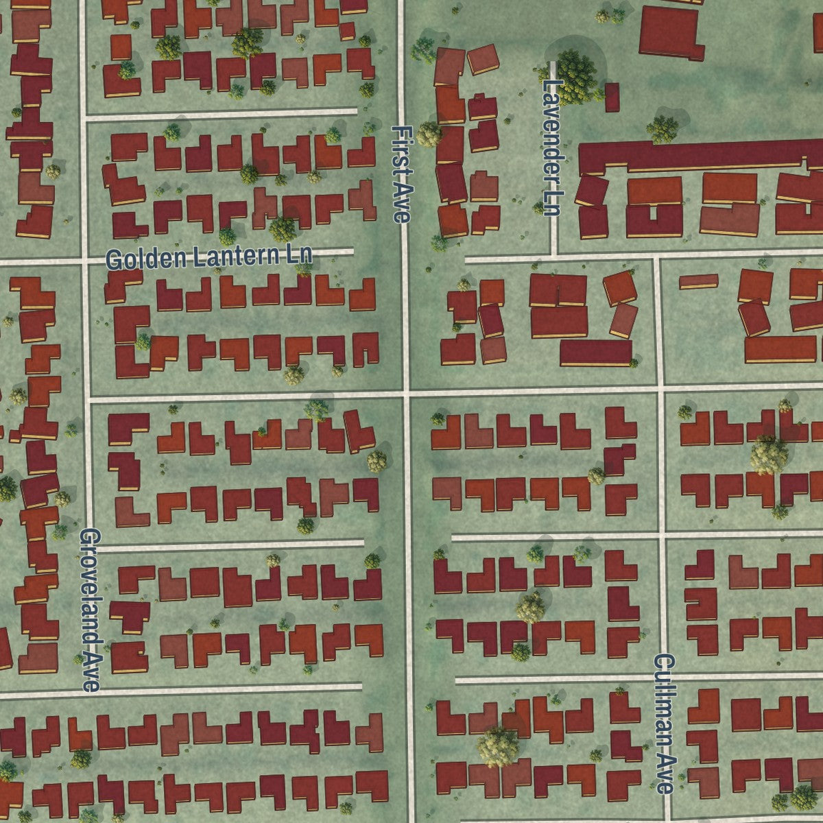 Close-up of the map of East La Mirada, California print showing street and building detail