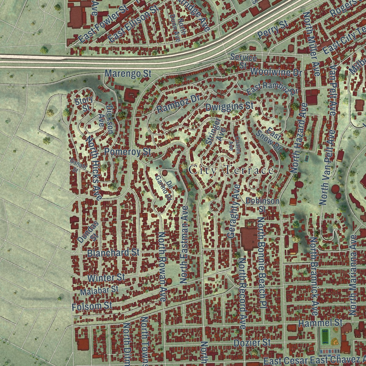 Close-up of the map of East Los Angeles, California print showing street and building detail