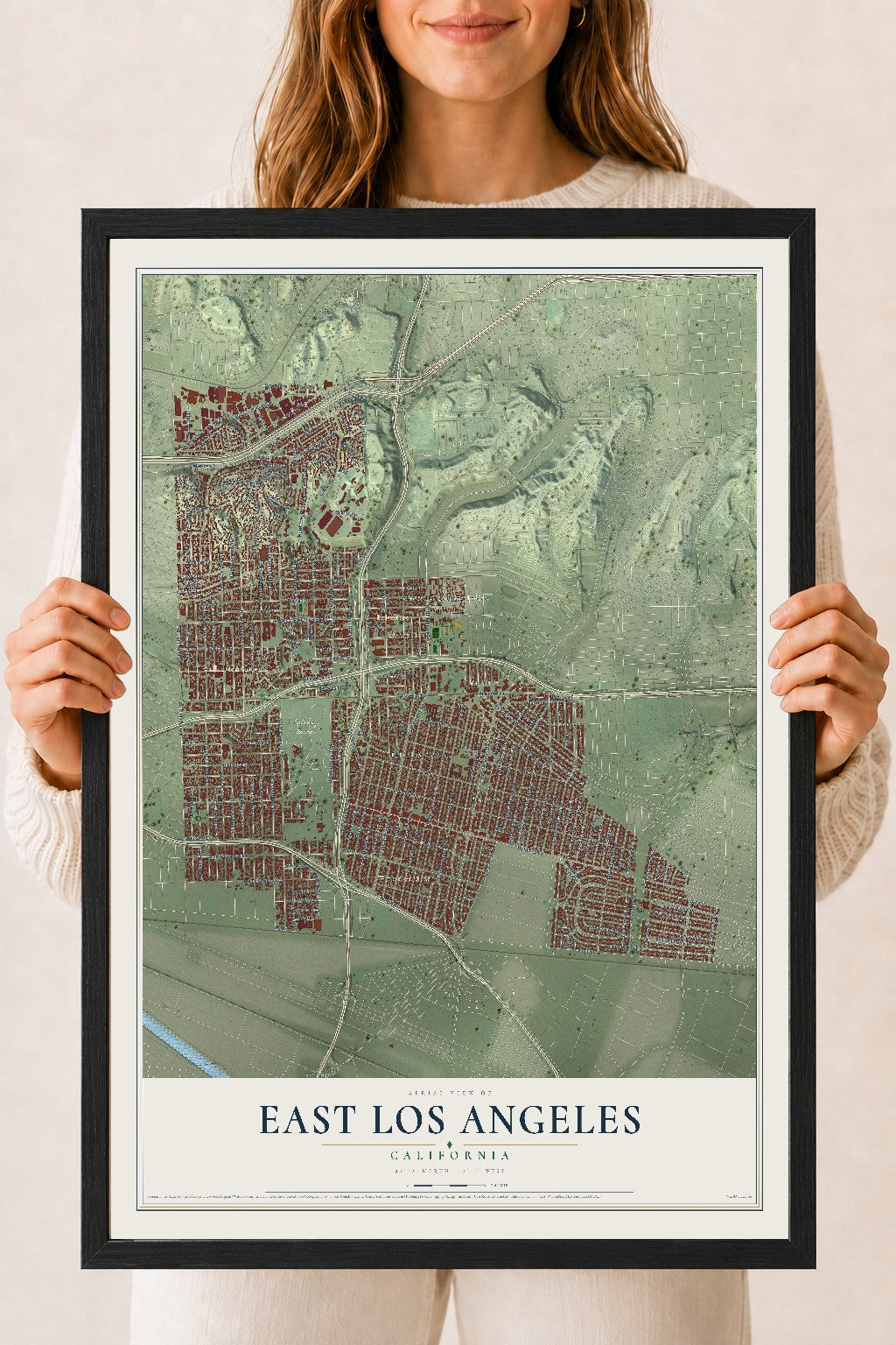 Map of East Los Angeles, California, 18 x 24 inch print in a black wood frame