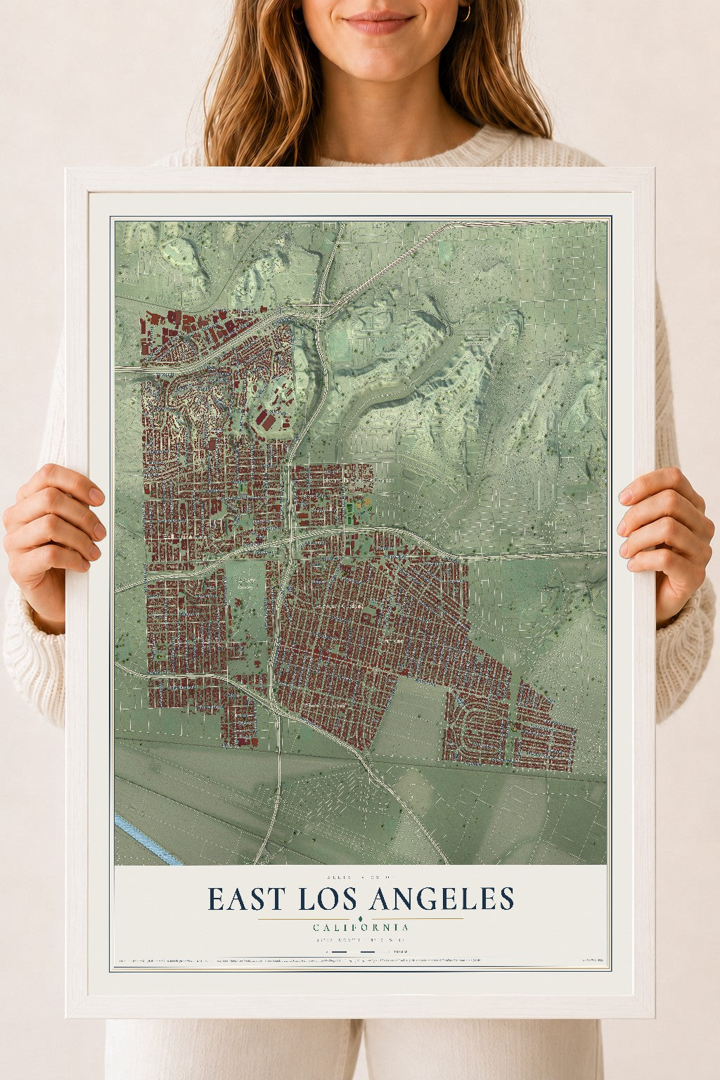 Map of East Los Angeles, California, 18 x 24 inch print in a white wood frame