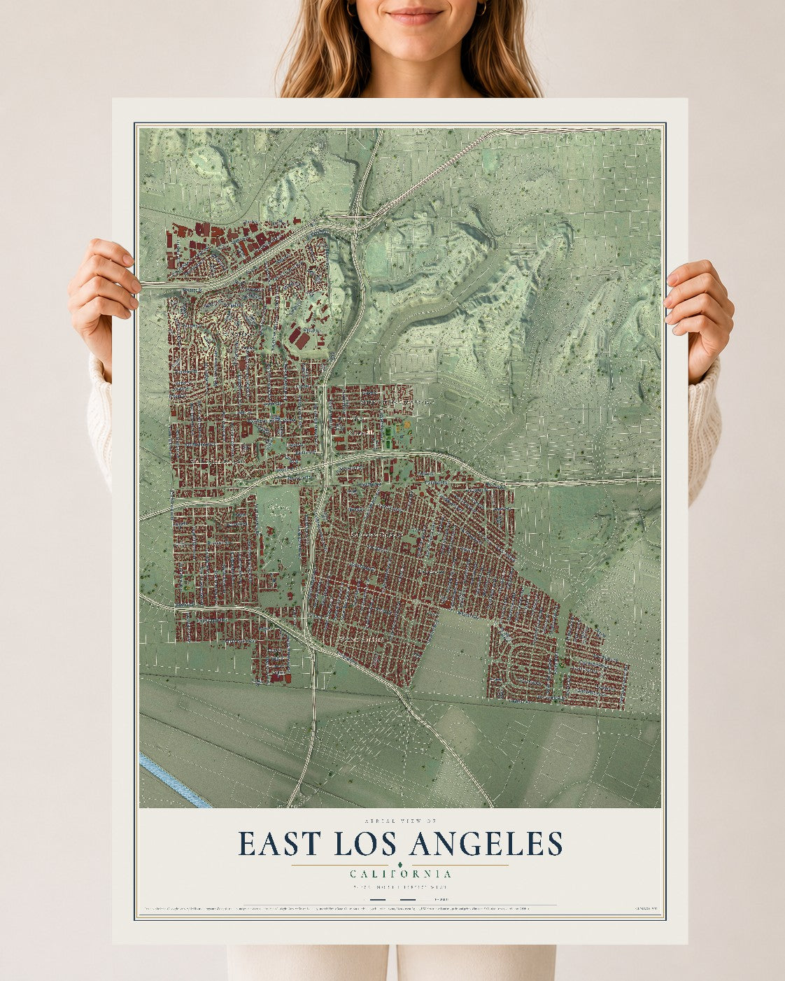 Map of East Los Angeles, California, 24 x 36 inch unframed archival matte print