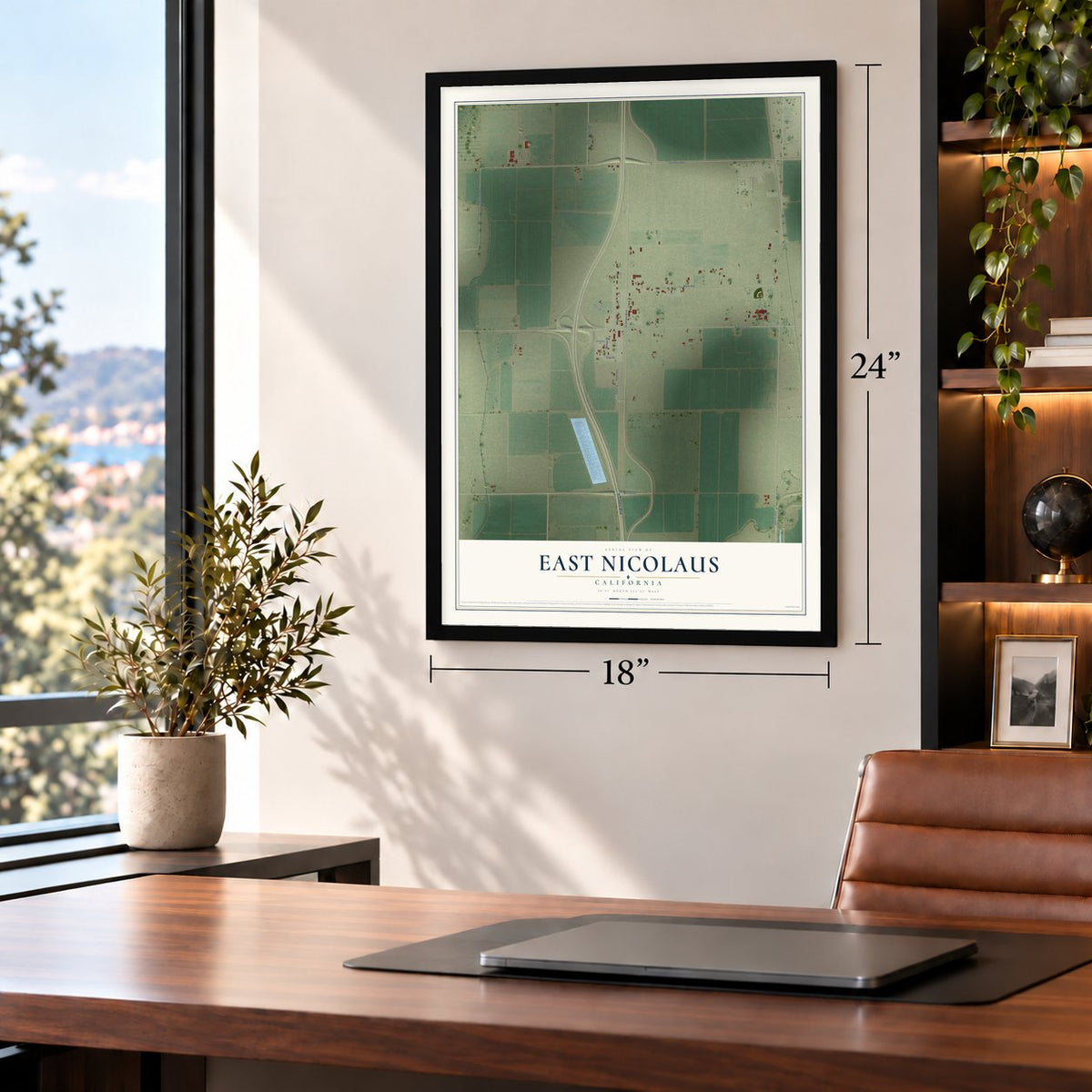 East Nicolaus, California map, 18 x 24 inch print in a black frame in a home office