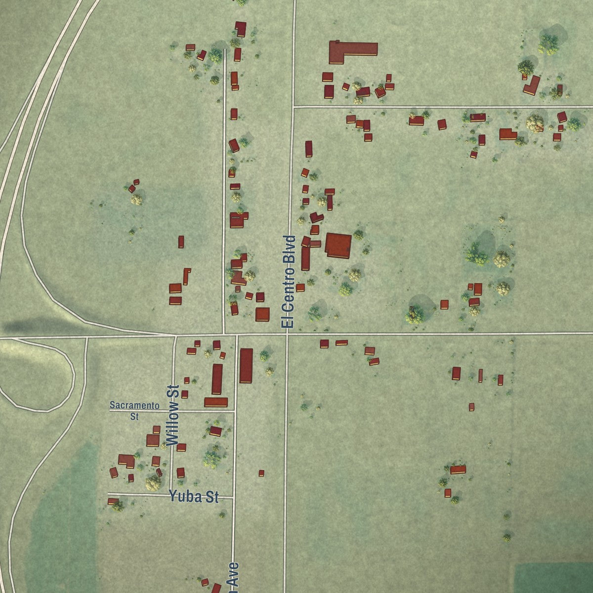 Close-up of the map of East Nicolaus, California print showing street and building detail