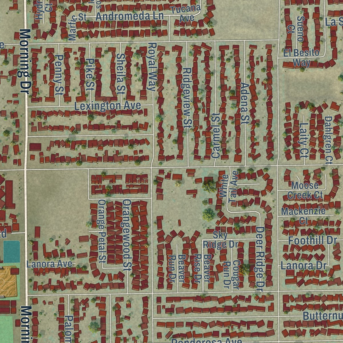 Close-up of the map of East Niles, California print showing street and building detail