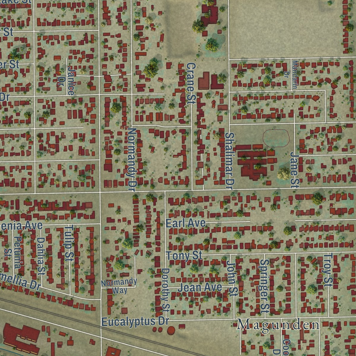 Second close-up of the map of East Niles, California print showing more streets and buildings