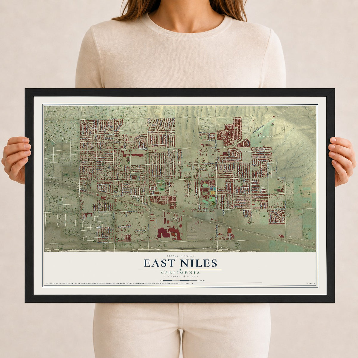 Map of East Niles, California, 12 x 18 inch print in a black wood frame