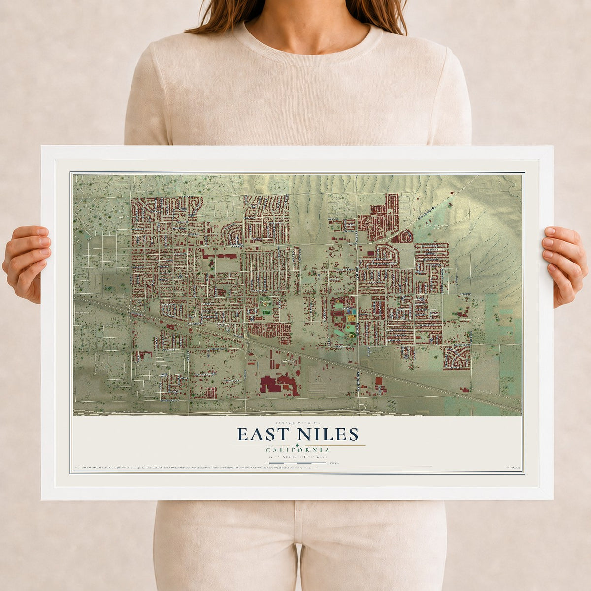 Map of East Niles, California, 12 x 18 inch print in a white wood frame