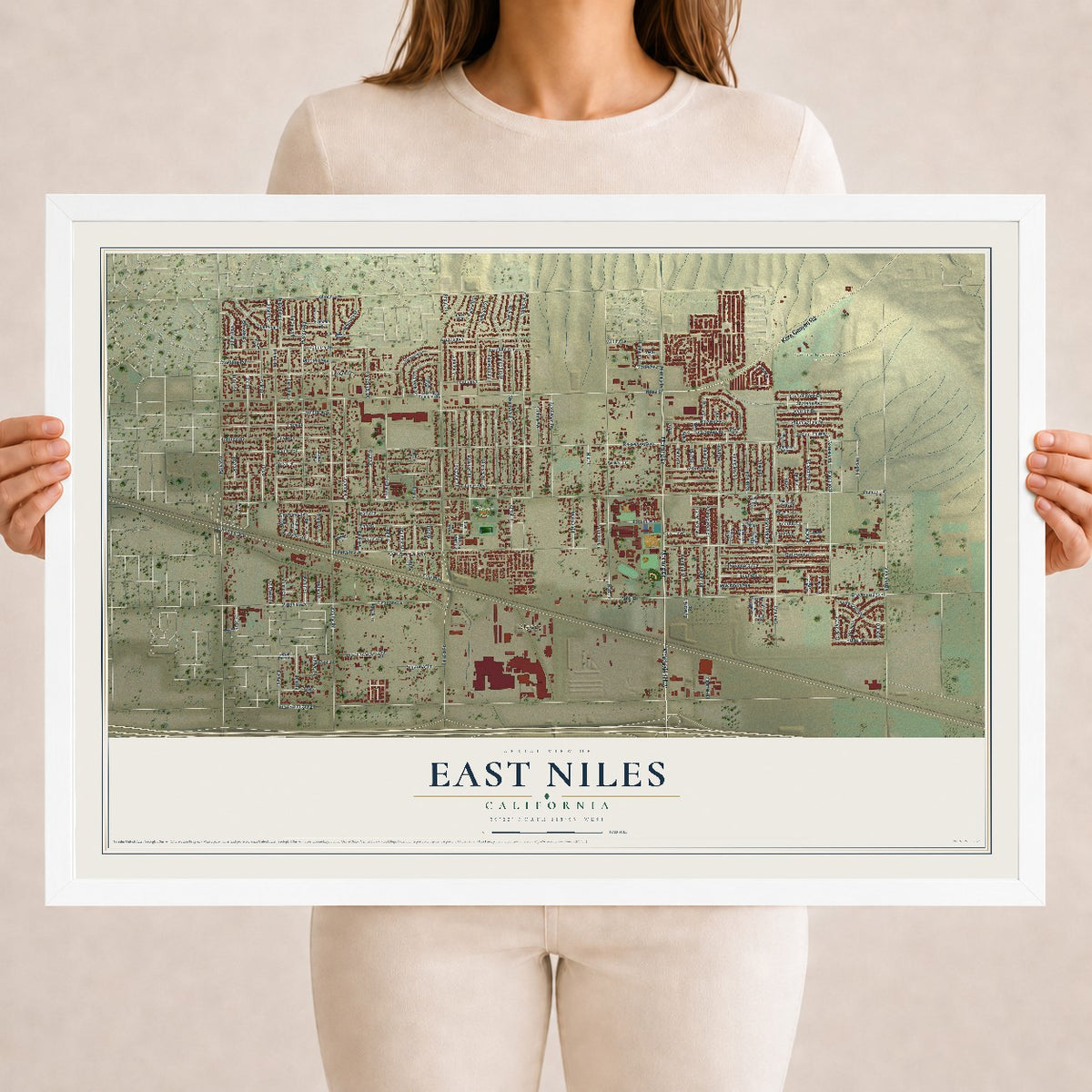 Map of East Niles, California, 18 x 24 inch print in a white wood frame