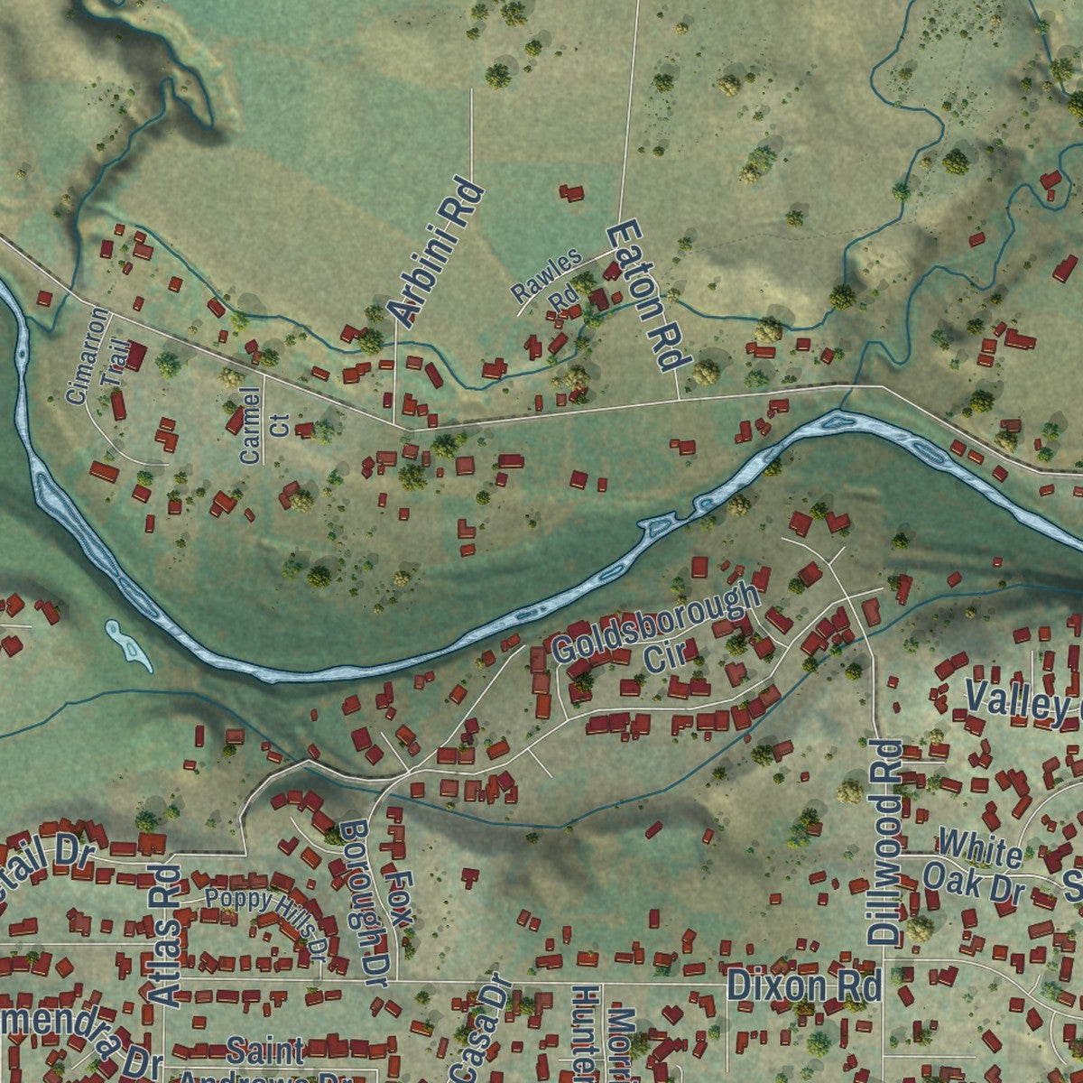 Close-up of the map of East Oakdale, California print showing street and building detail