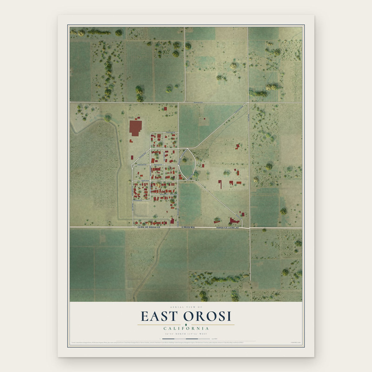 East Orosi, California map print, the full design