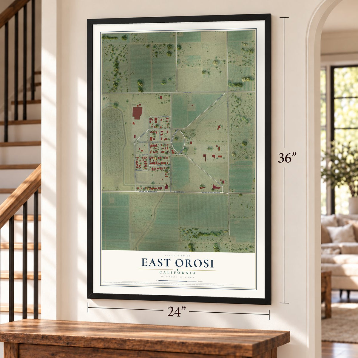 East Orosi, California map, 24 x 36 inch print in a black frame by a staircase