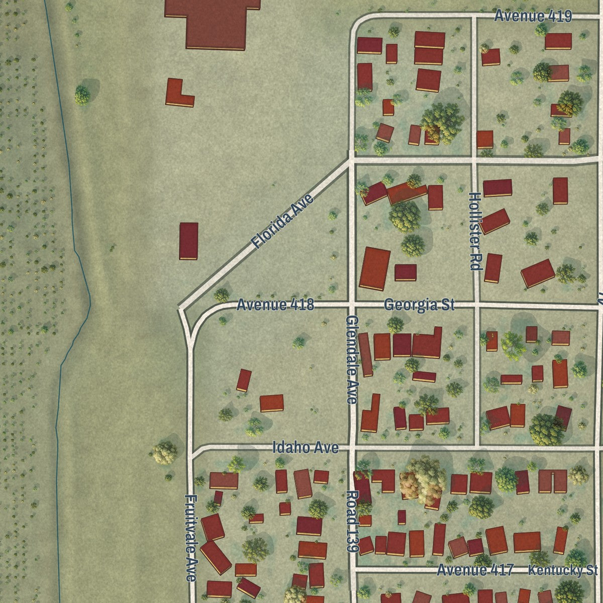Close-up of the map of East Orosi, California print showing street and building detail