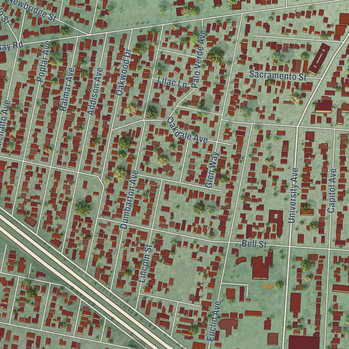 Close-up of the map of East Palo Alto, California print showing street and building detail