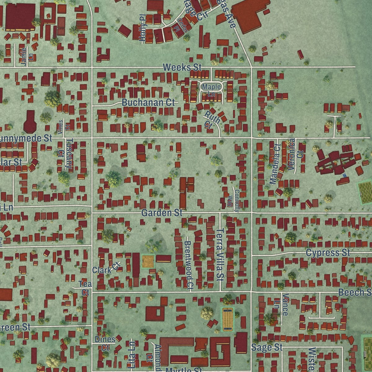 Second close-up of the map of East Palo Alto, California print showing more streets and buildings