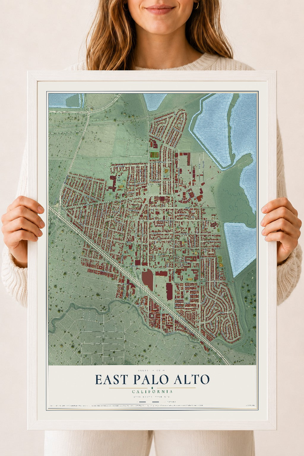 Map of East Palo Alto, California, 18 x 24 inch print in a white wood frame
