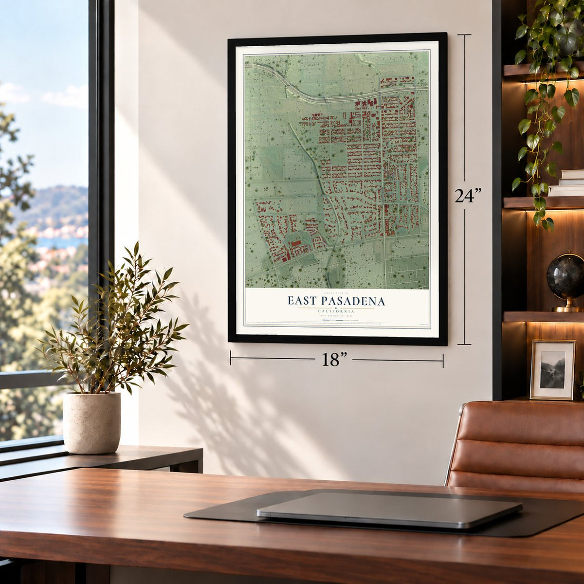 East Pasadena, California map, 18 x 24 inch print in a black frame in a home office
