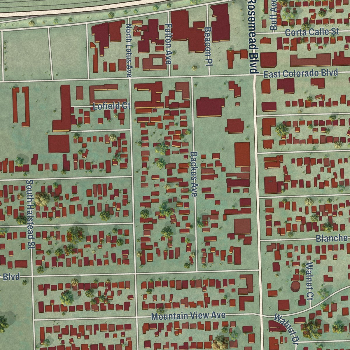 Close-up of the map of East Pasadena, California print showing street and building detail
