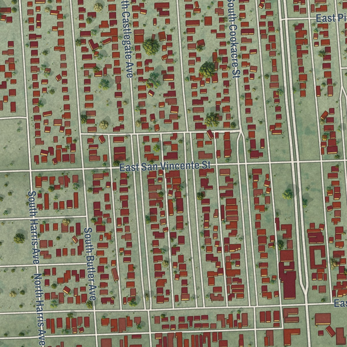 Close-up of the map of East Rancho Dominguez, California print showing street and building detail