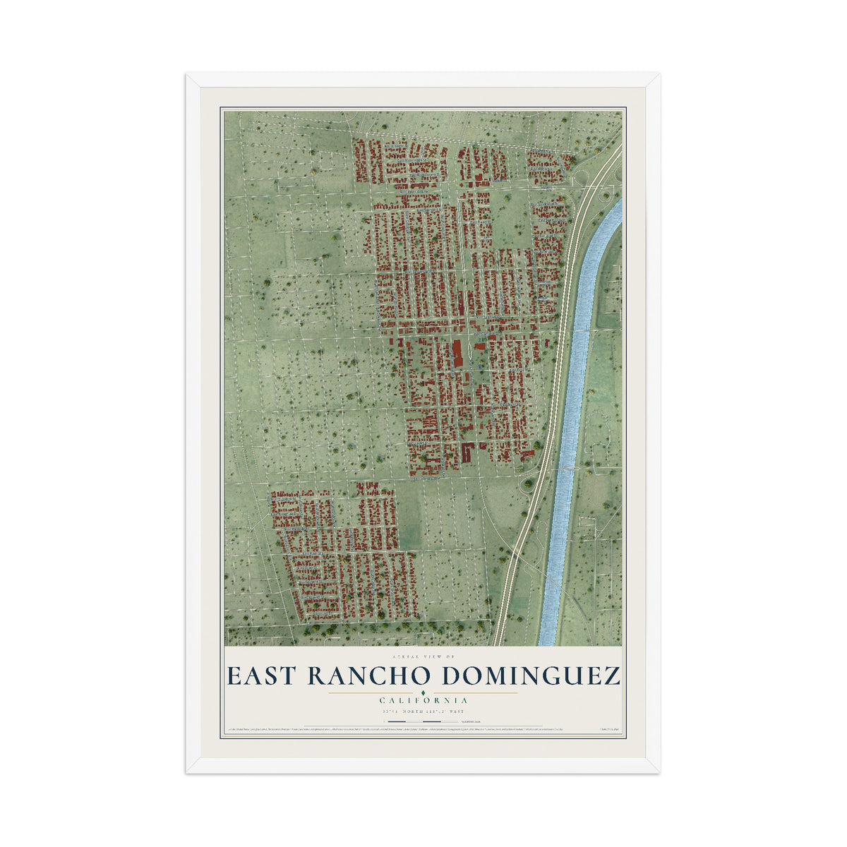 Map of East Rancho Dominguez, California, 12 x 18 inch print in a white wood frame