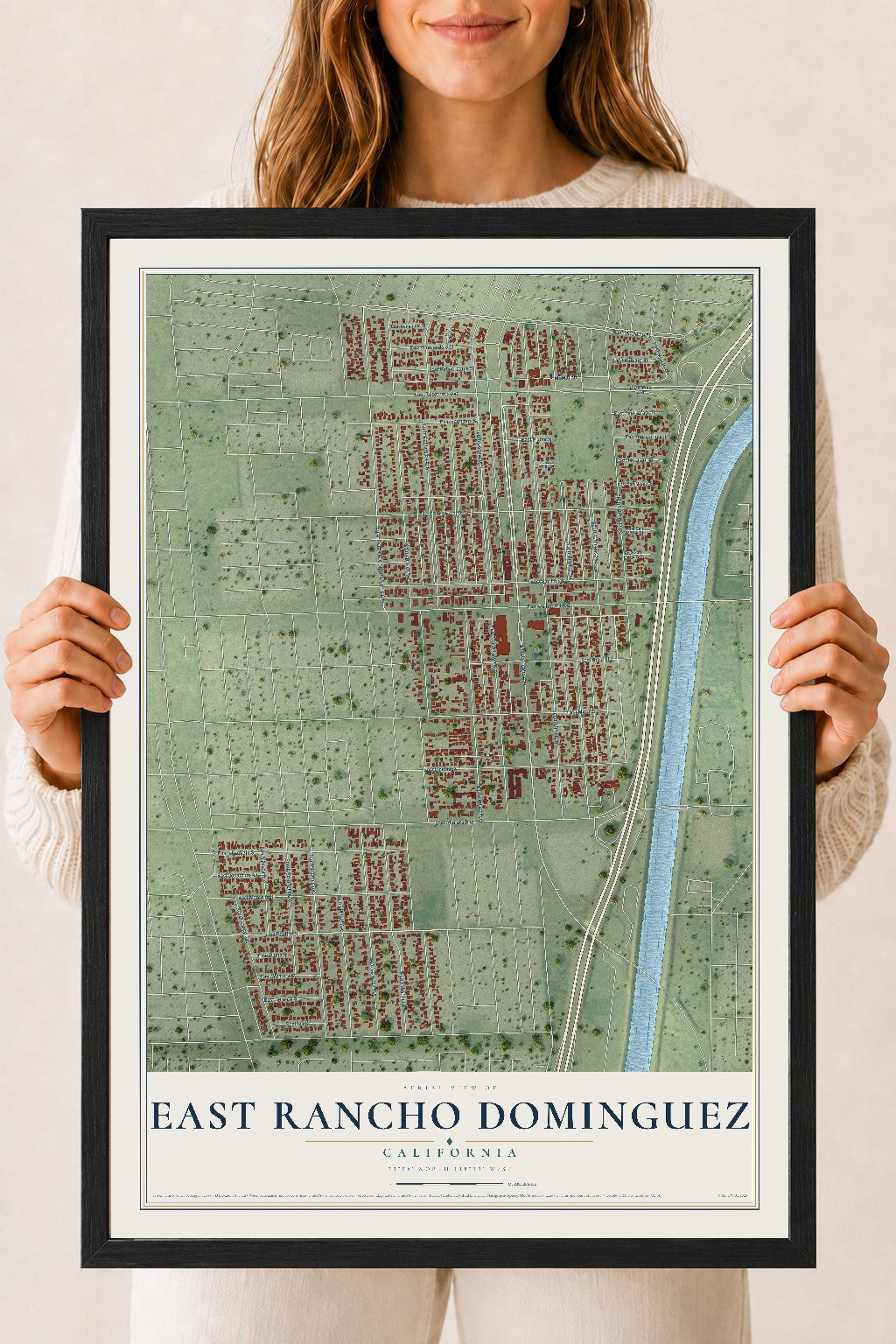 Map of East Rancho Dominguez, California, 18 x 24 inch print in a black wood frame