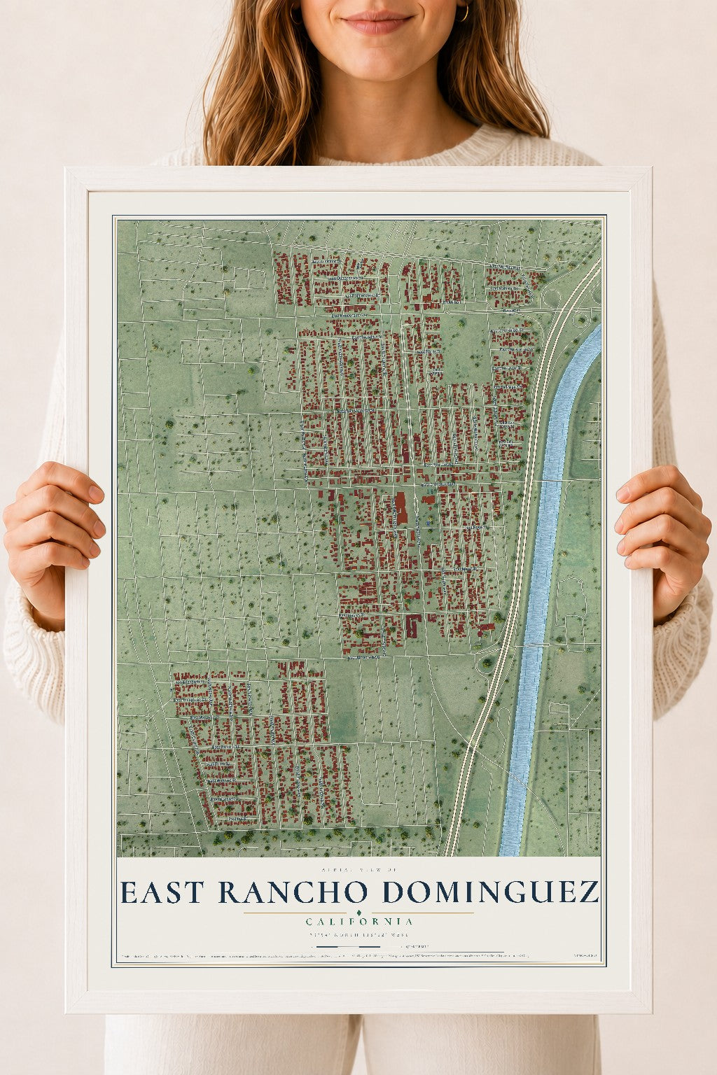 Map of East Rancho Dominguez, California, 18 x 24 inch print in a white wood frame