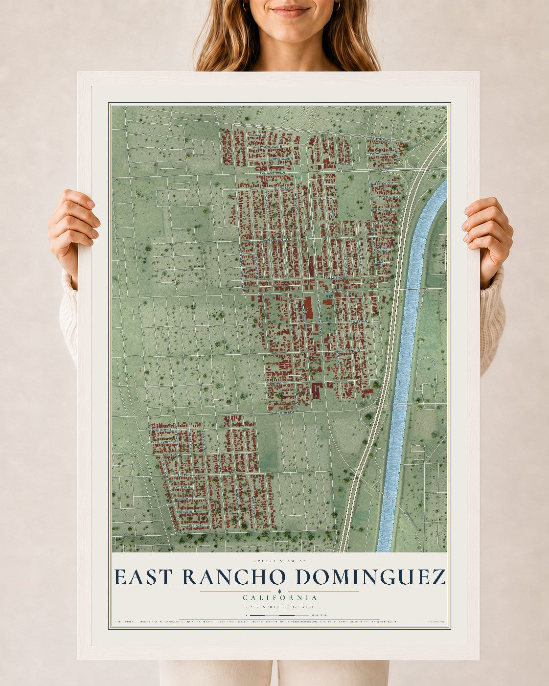 Map of East Rancho Dominguez, California, 24 x 36 inch print in a white wood frame
