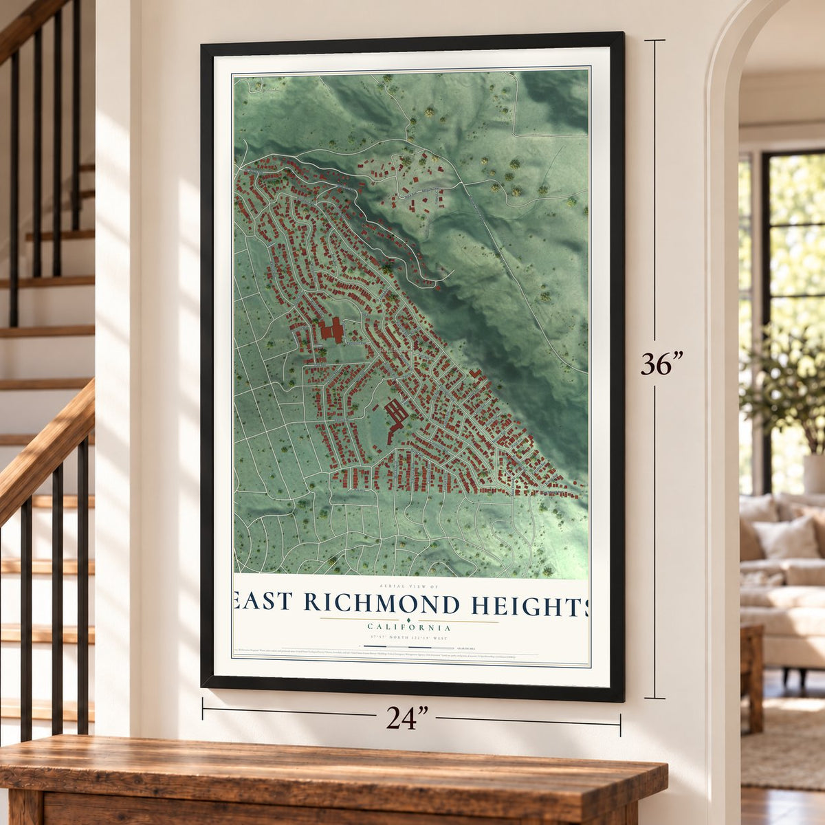 East Richmond Heights, California map, 24 x 36 inch print in a black frame by a staircase