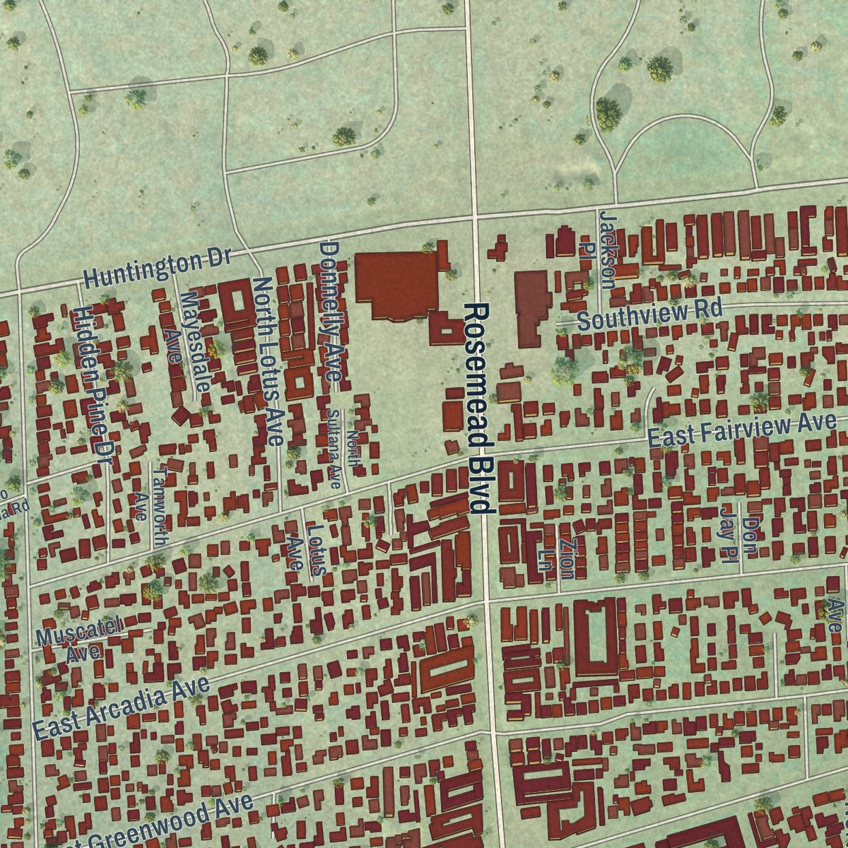 Second close-up of the map of East San Gabriel, California print showing more streets and buildings