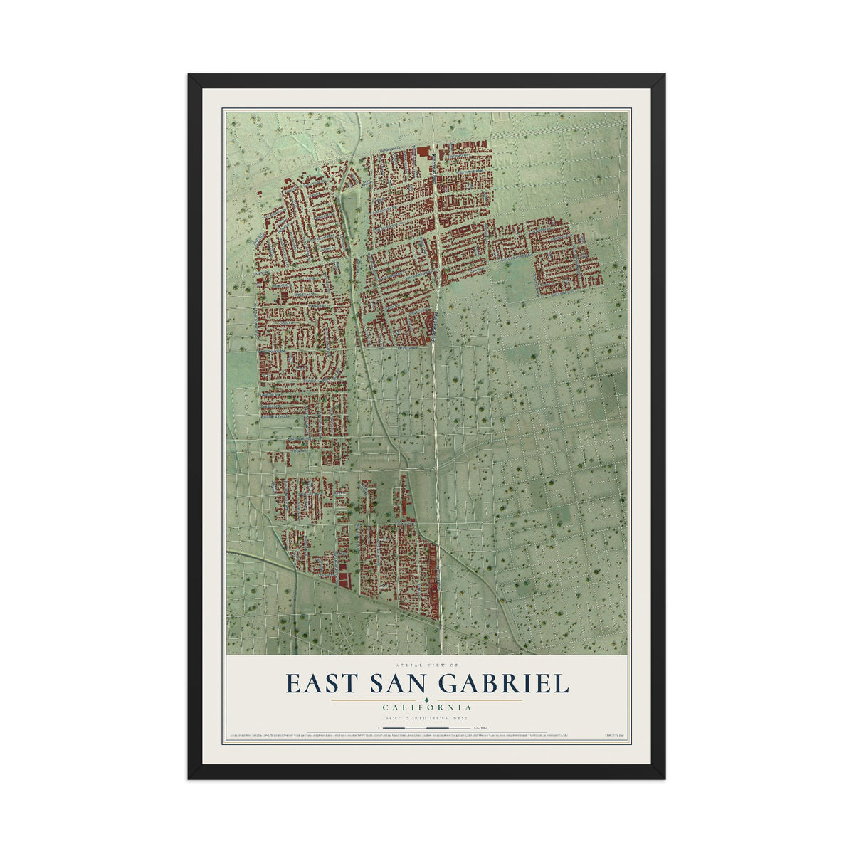 Map of East San Gabriel, California, 12 x 18 inch print in a black wood frame