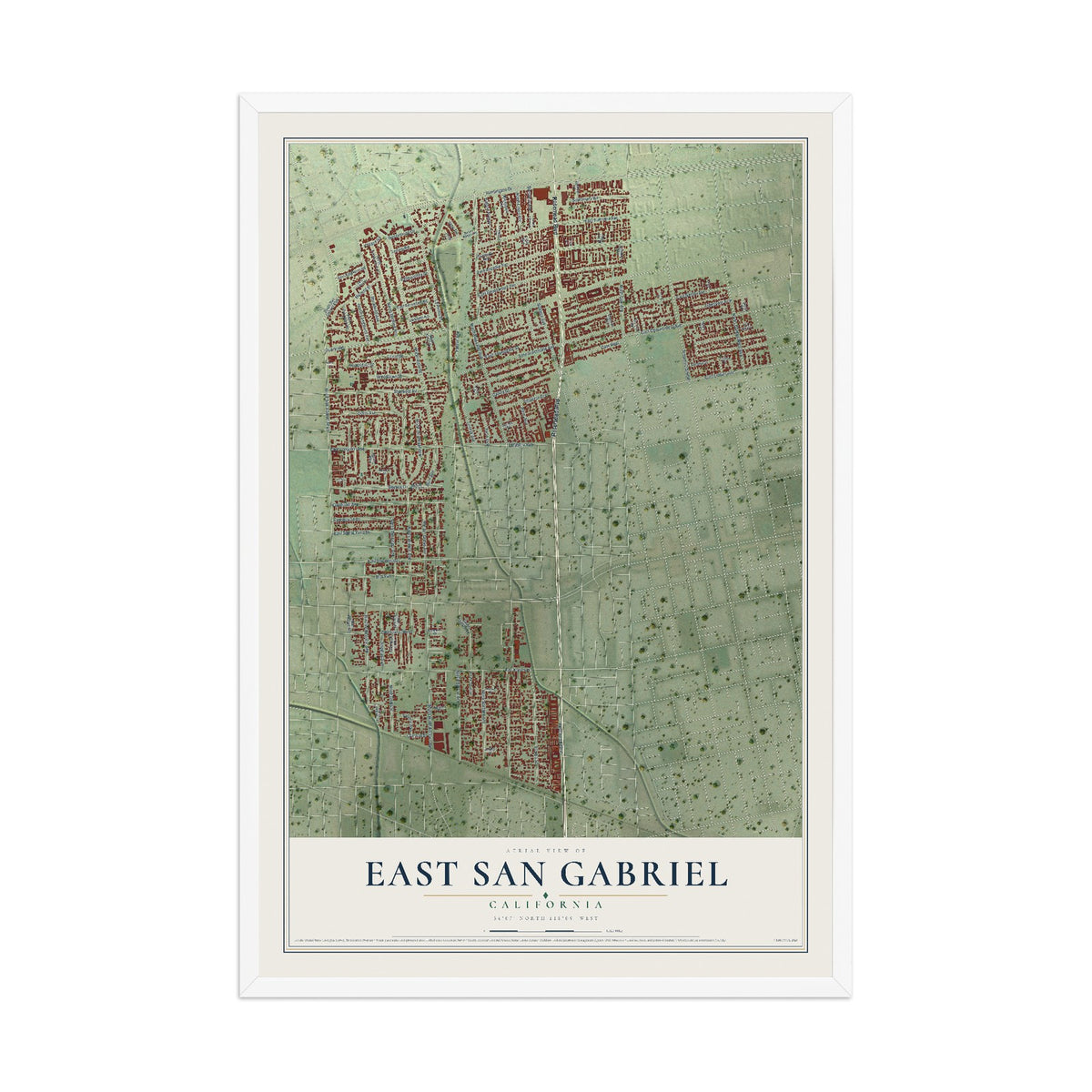 Map of East San Gabriel, California, 12 x 18 inch print in a white wood frame