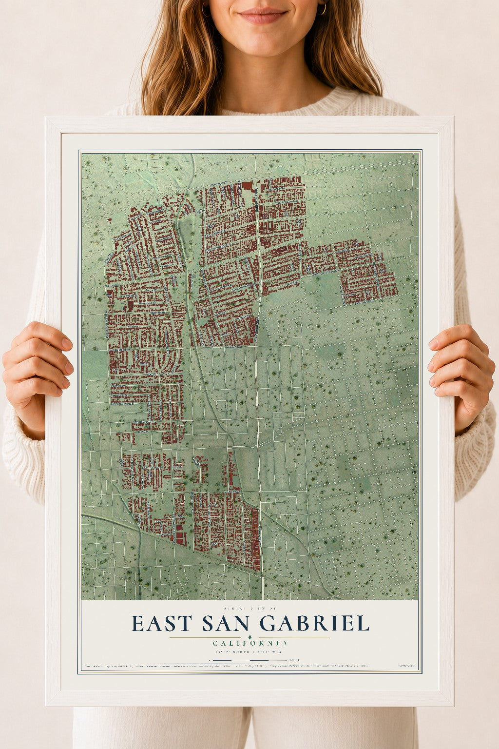 Map of East San Gabriel, California, 18 x 24 inch print in a white wood frame
