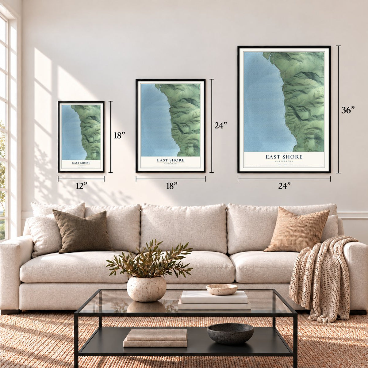 East Shore, California map in 12 x 18, 18 x 24 and 24 x 36 inch sizes above a sofa