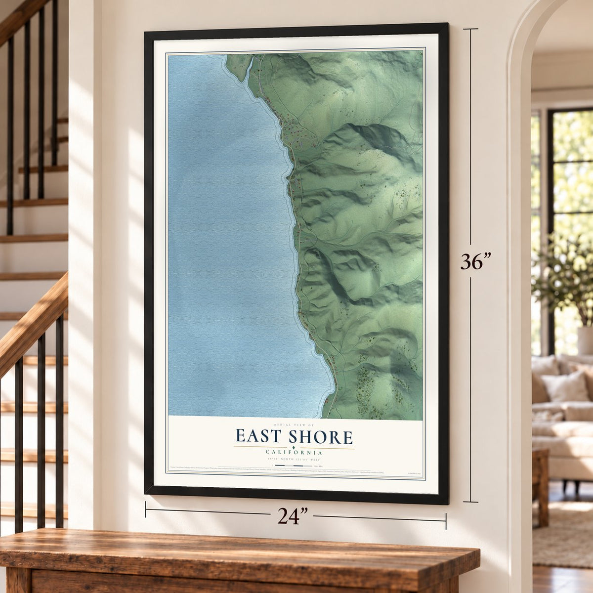 East Shore, California map, 24 x 36 inch print in a black frame by a staircase