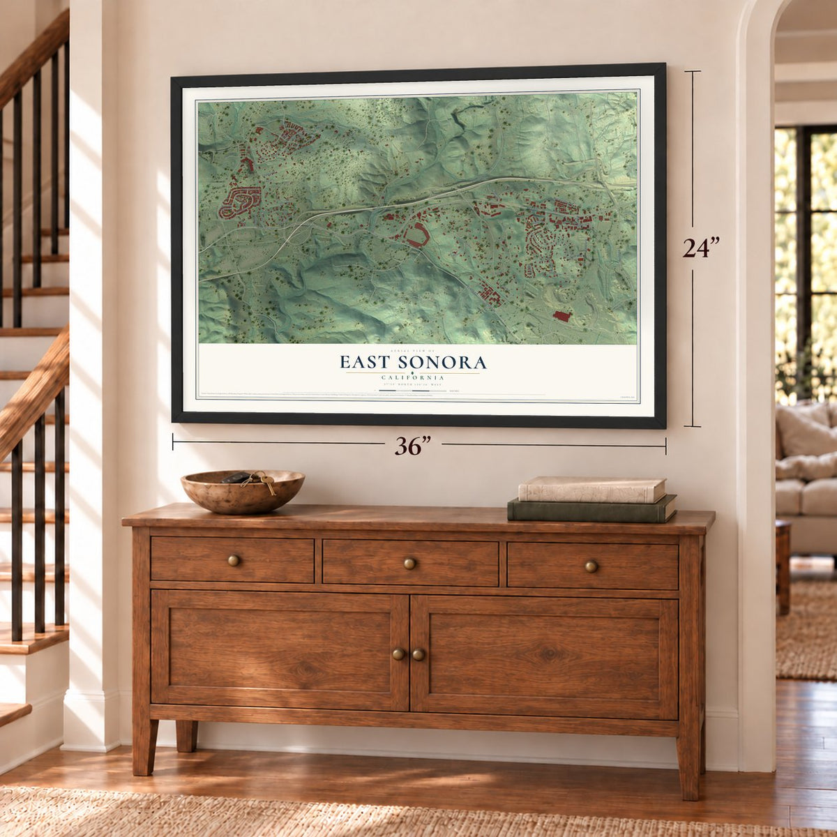 East Sonora, California map, 24 x 36 inch print in a black frame above a dresser by a staircase