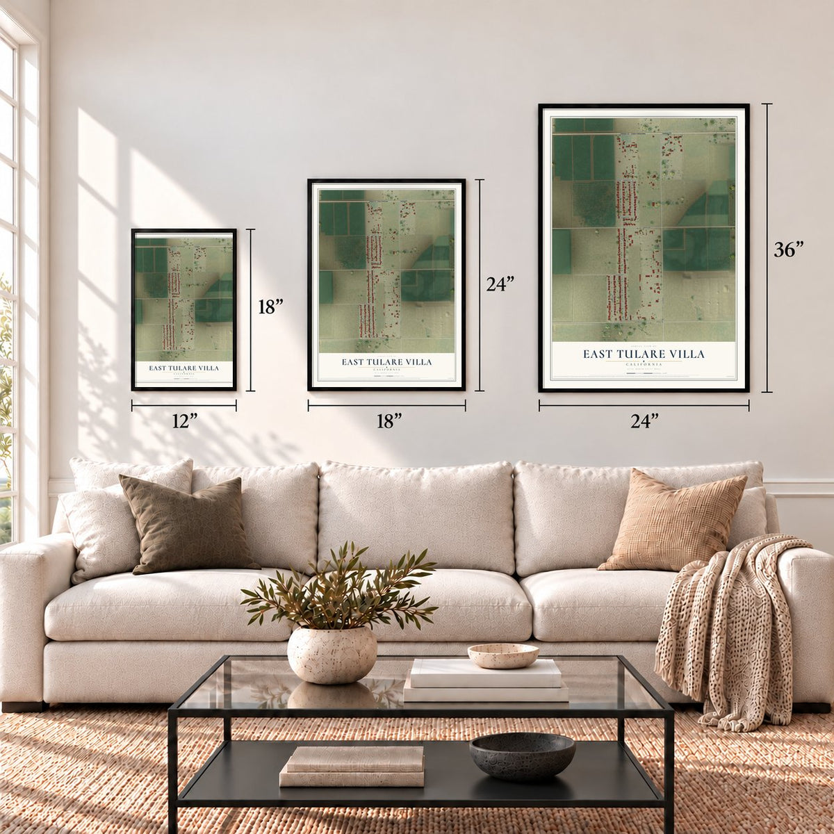 East Tulare Villa, California map in 12 x 18, 18 x 24 and 24 x 36 inch sizes above a sofa