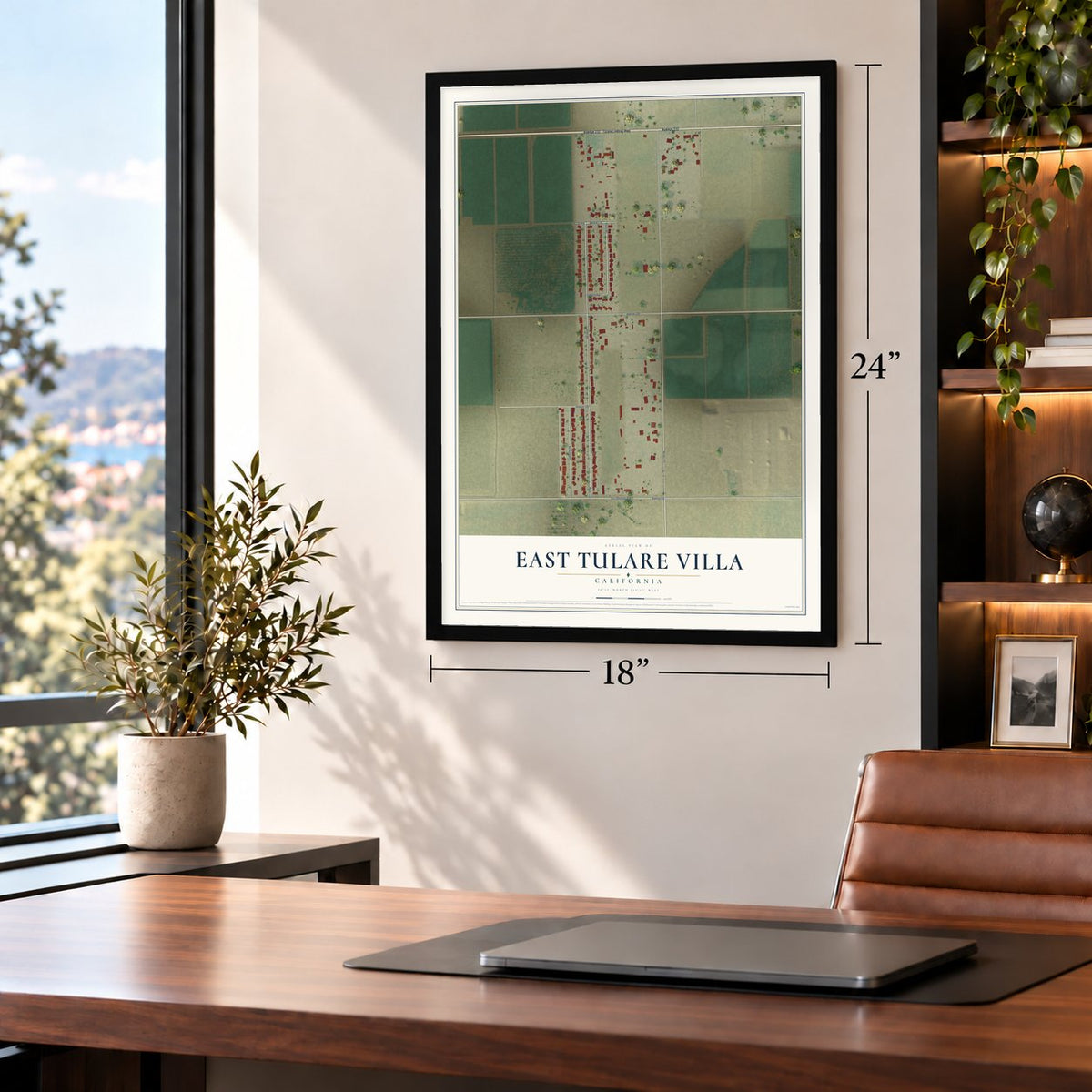 East Tulare Villa, California map, 18 x 24 inch print in a black frame in a home office